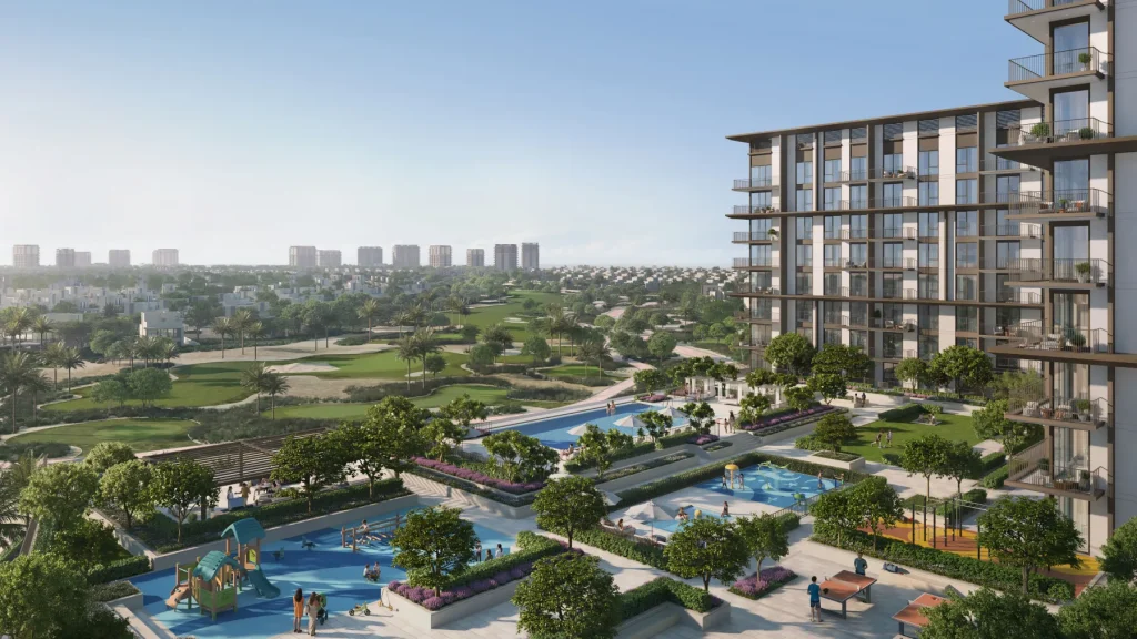 Golf Trails overlooking Emaar South fairways and landscaped outdoor spaces.