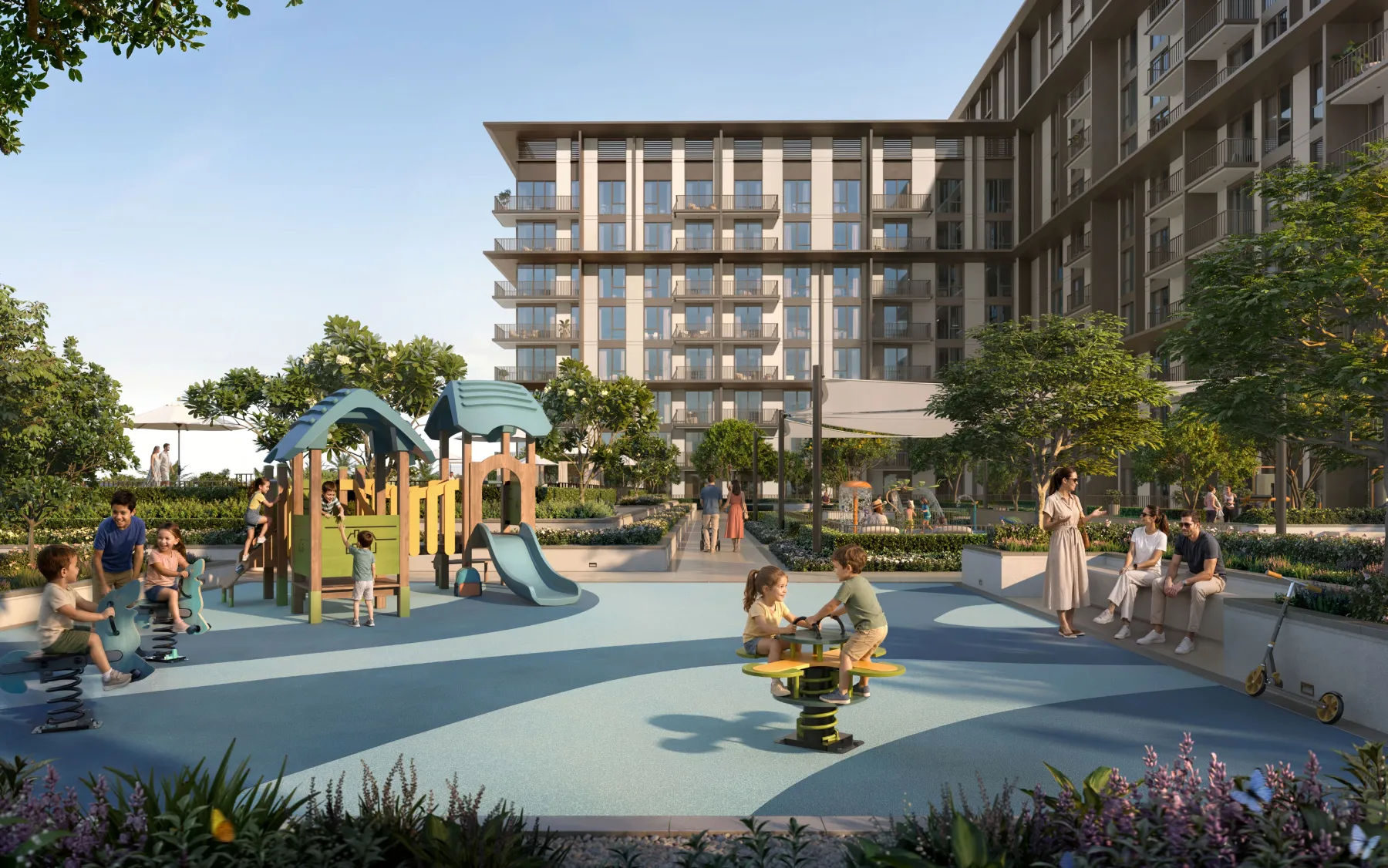 Illustration of the landscaped children’s play area at Golf Trails.