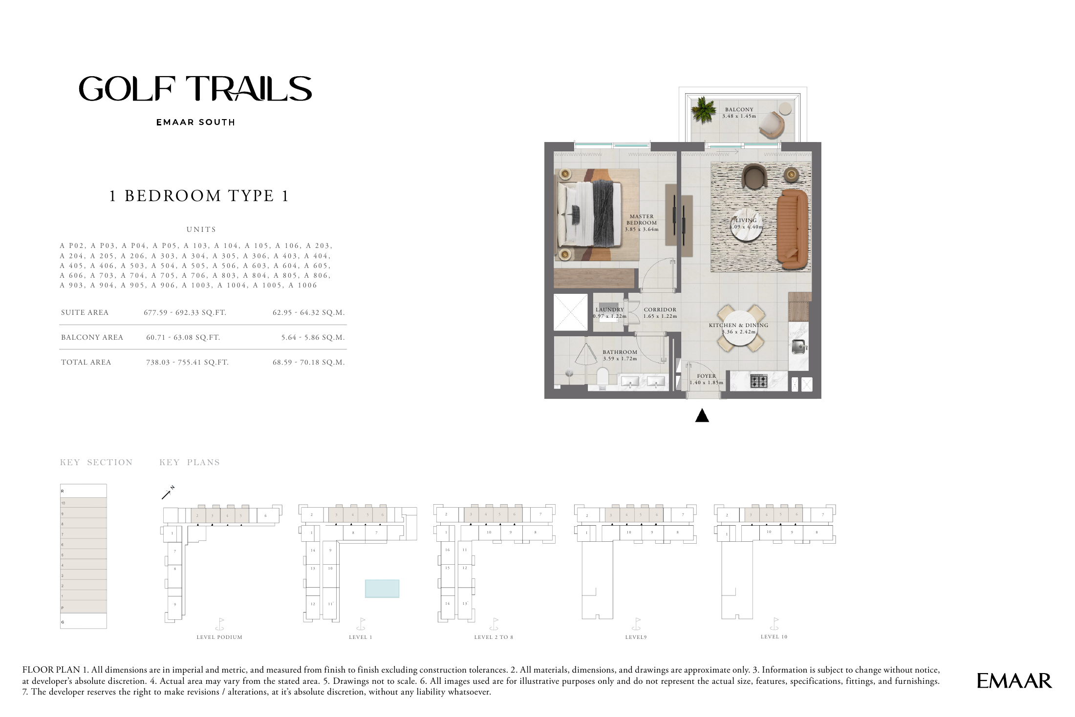 One-bedroom Type 1 floor plan, showing living/dining area, kitchen, bedroom, bathroom, laundry and balcony.