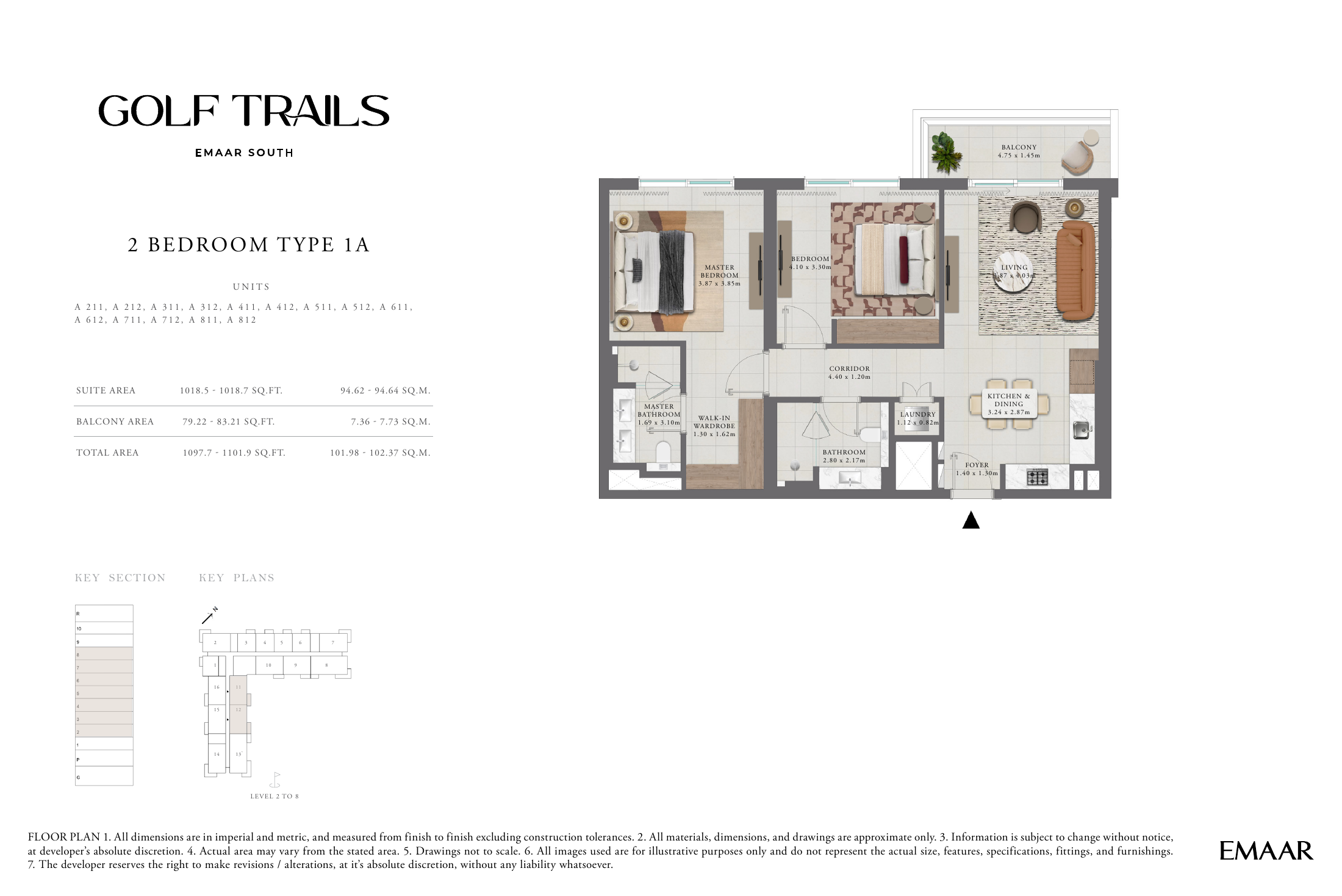 Two-bedroom Type 1 floor plan, showing living/dining area, kitchen, two bedrooms, bathrooms and balcony.