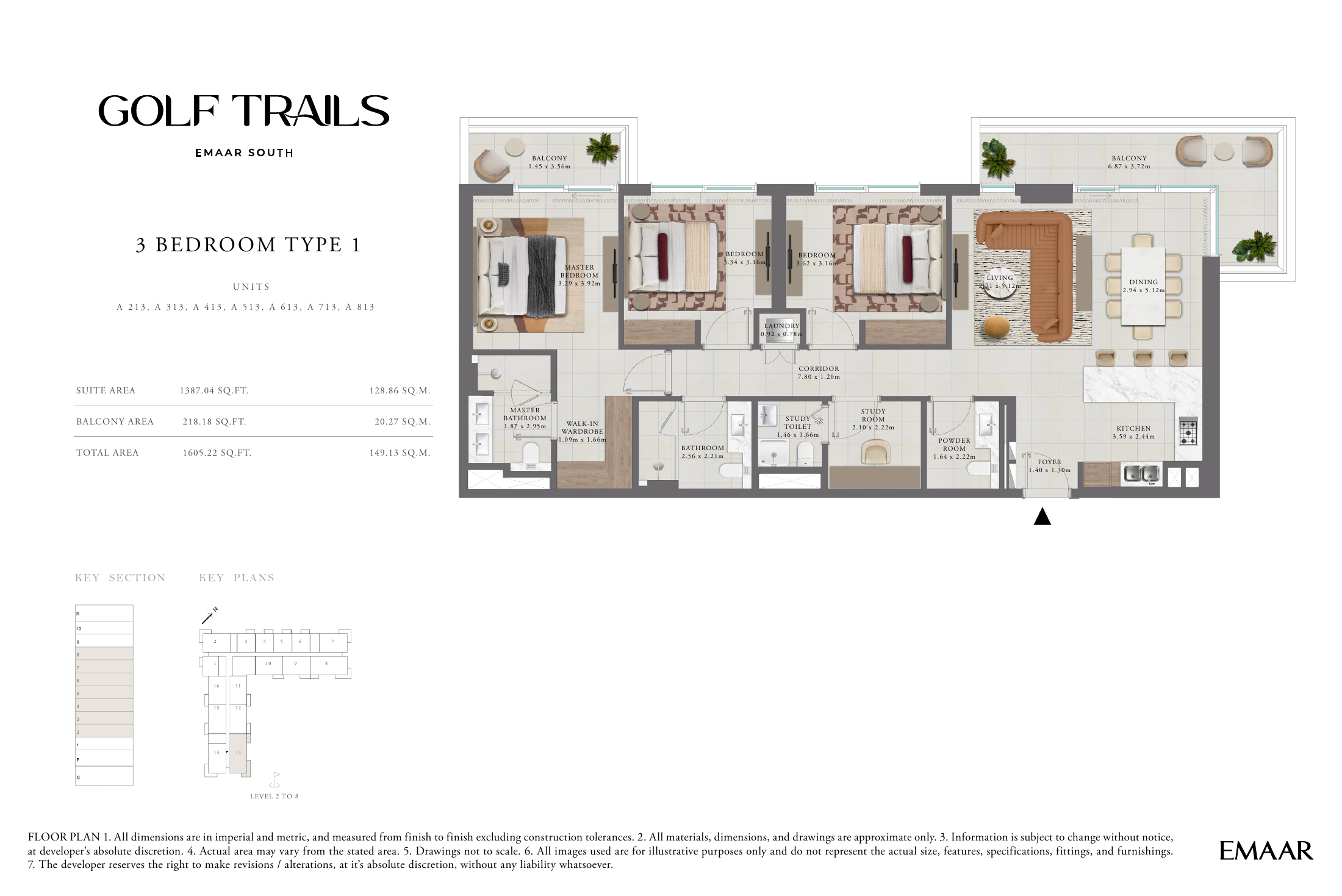 Three-bedroom Type 1 floor plan, showing three bedrooms, living and dining areas, study and balconies.