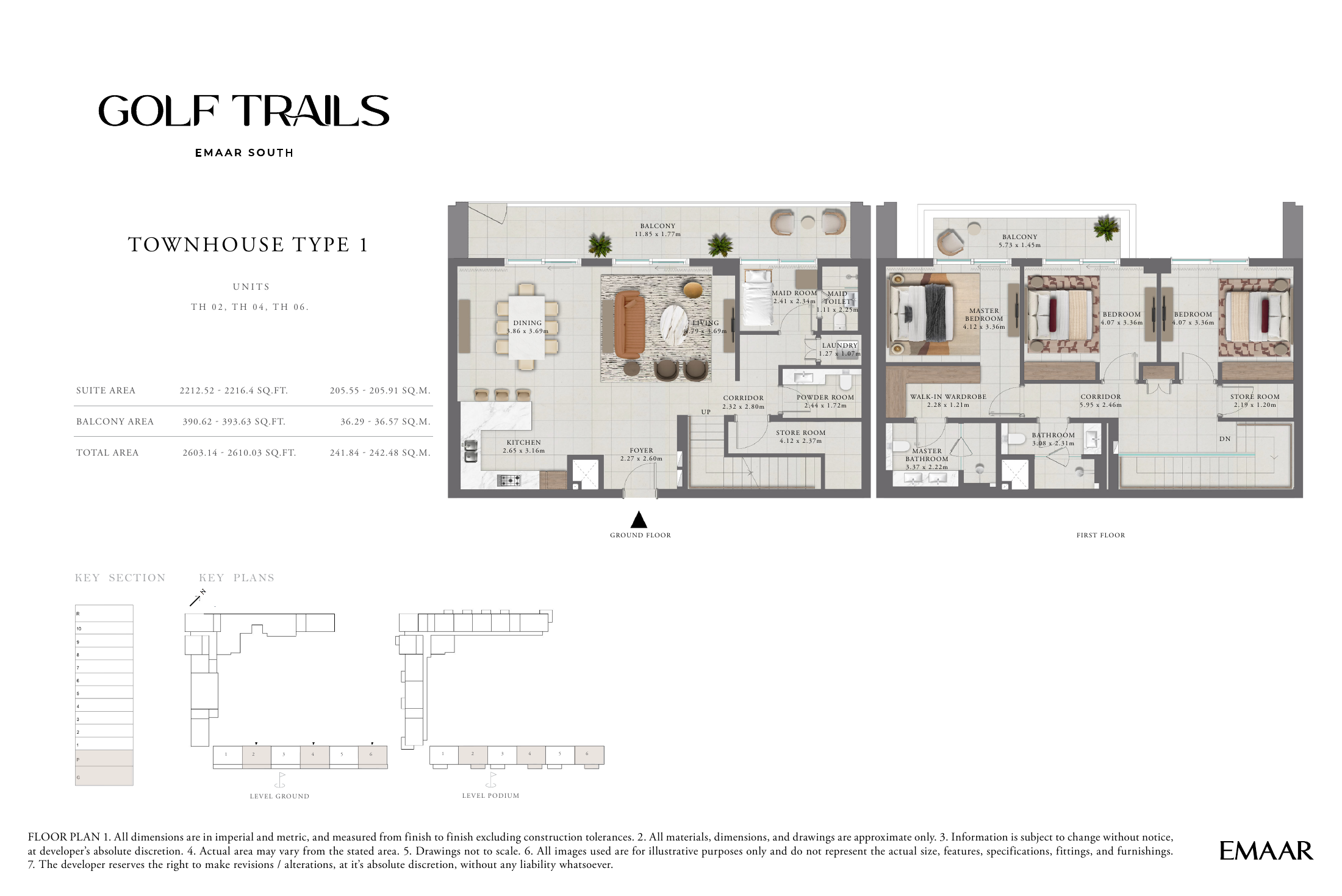 Townhouse Type 1 plan showing three bedrooms, living and dining areas, maid room and balconies.